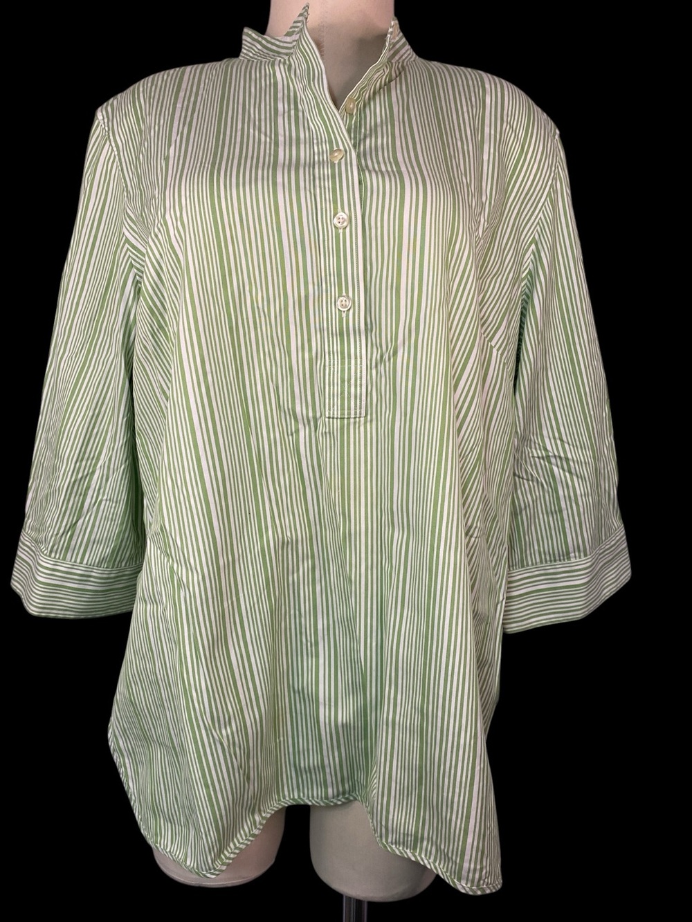 Lands End Green & White Striped Mandarin Collar Shirt Women’s XL